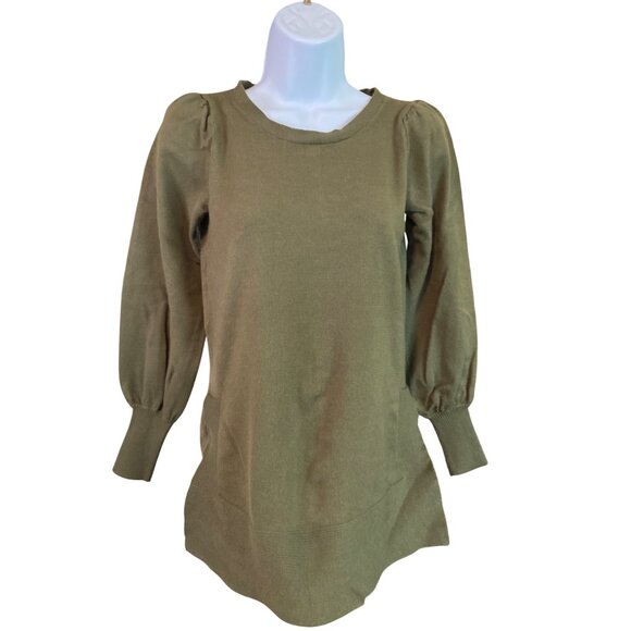Boston Proper Sweater Olive XS Puff Sleeve Ribbed Hem Tunic Minimalist Chic - Picture 2 of 8